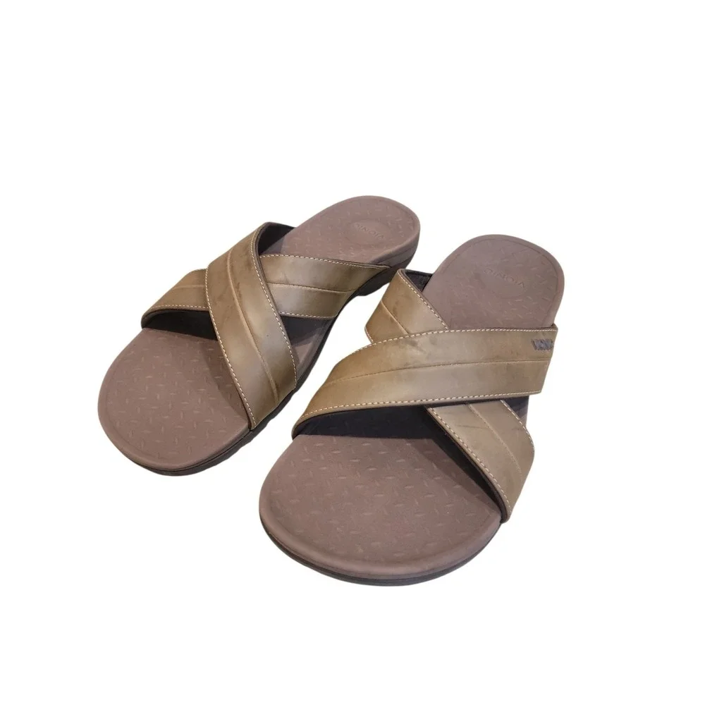Vionic Men's Holbrook Criss Cross Slip On Sandals Brown Leather Size 13